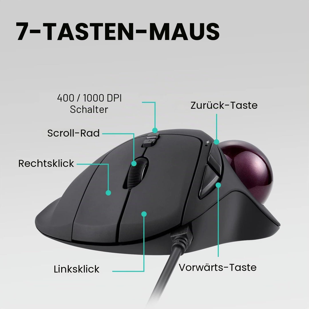 Perixx PERIMICE-517 Ergonomische Maus mit Trackball - 400/1000 DPI - Kabelgebunden, Kabelgebunden