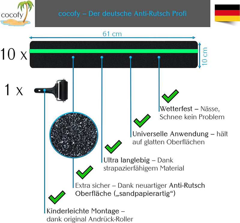 cocofy Anti Rutsch Streifen Treppen aussen und innen 10x Streifen (61x10 cm) leuchtend fluoreszieren