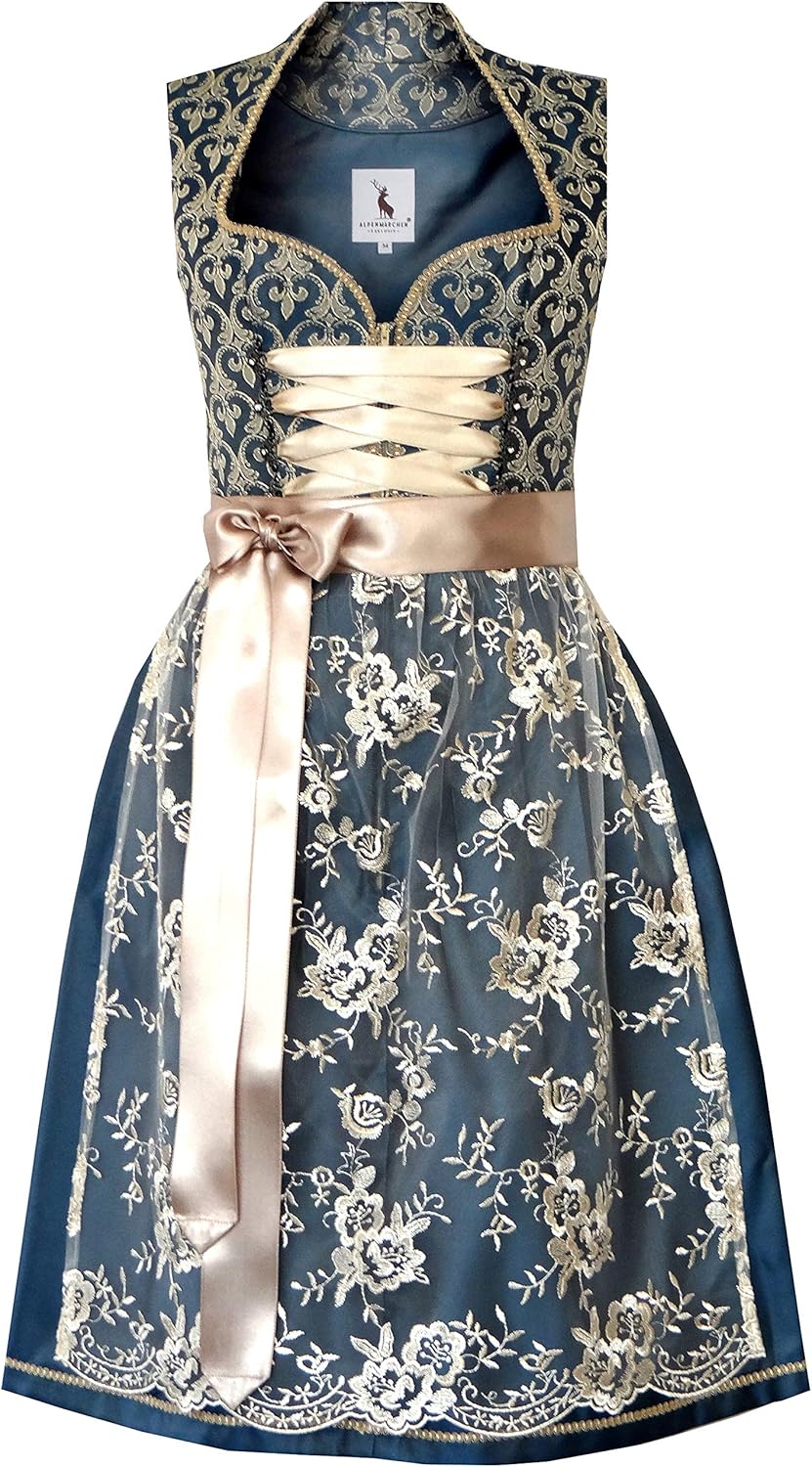 Alpenmärchen Midi Dirndl aus Exklusiver Kollektion inkl. Spitzenschürze Gr.32-54 - ALM660 38 Blau-go