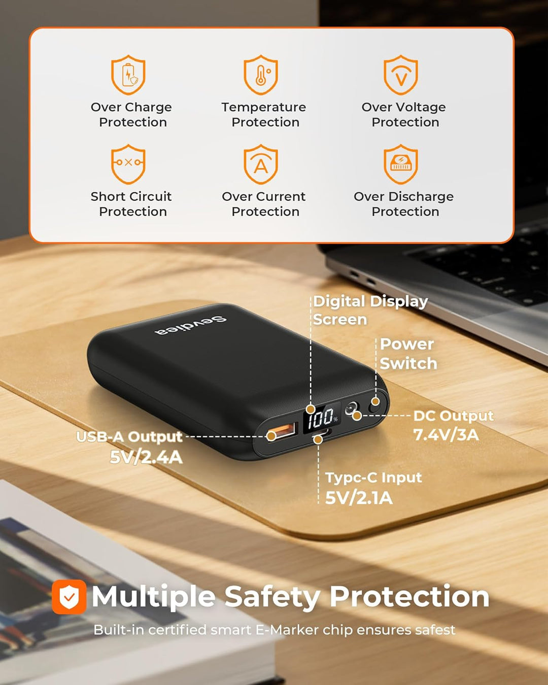 Sevdiea Powerbank für Heizweste 7,4V 16000mAh, Sevdiea Powerbank Heizweste mit LCD-Anzeige, tragbare