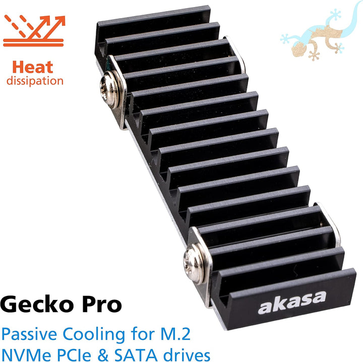 Akasa Gecko Pro, M.2 Heatsink 2280, Passive Cooling for M.2 NVMe PCIe & SATA Drives, Includes Silico