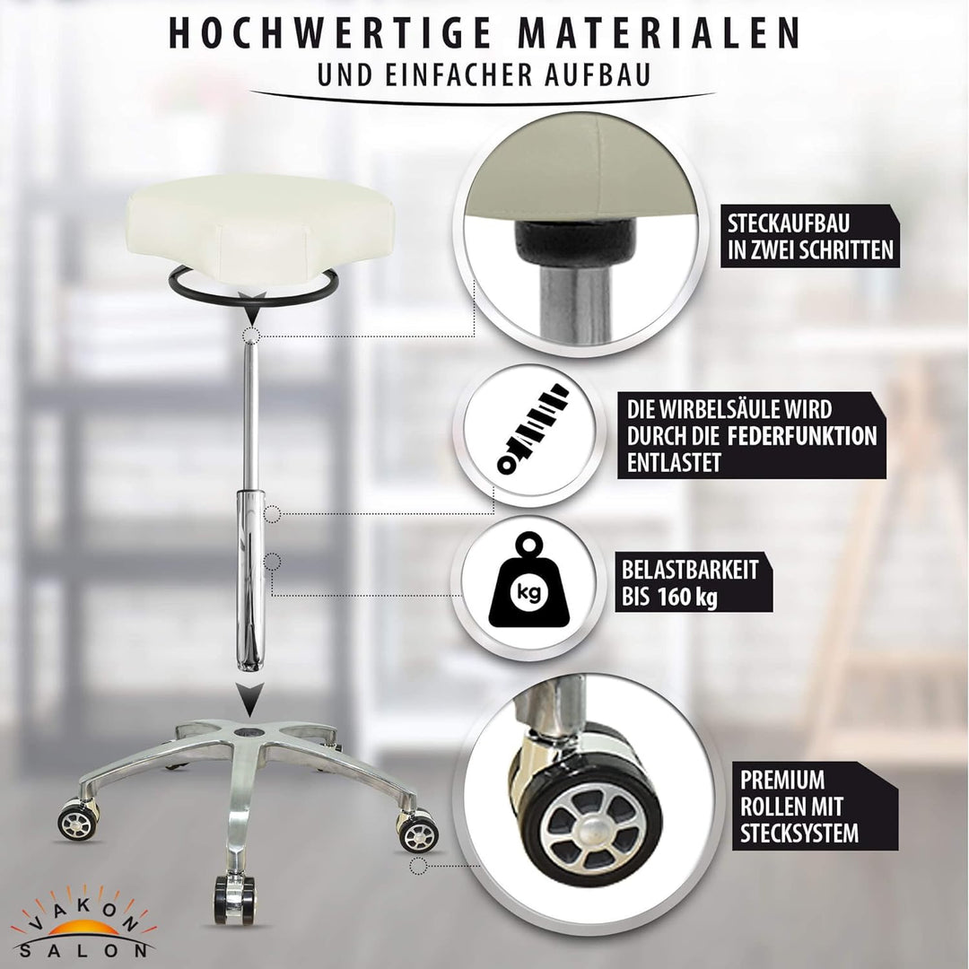 VAKON SALON - Design ergonomischer Rollhocker auf hochwertigen Rollen weiss - Höhenverstellbarer von