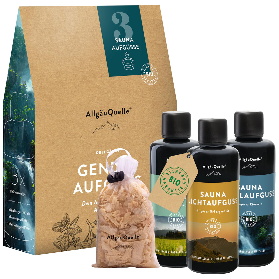 AllgäuQuelle – Saunaaufguss-Set DREI GÄNGE GENUSS AUFGUSS 3er-Set mit 100% BIO-Ölen | 3 x 100ml | En