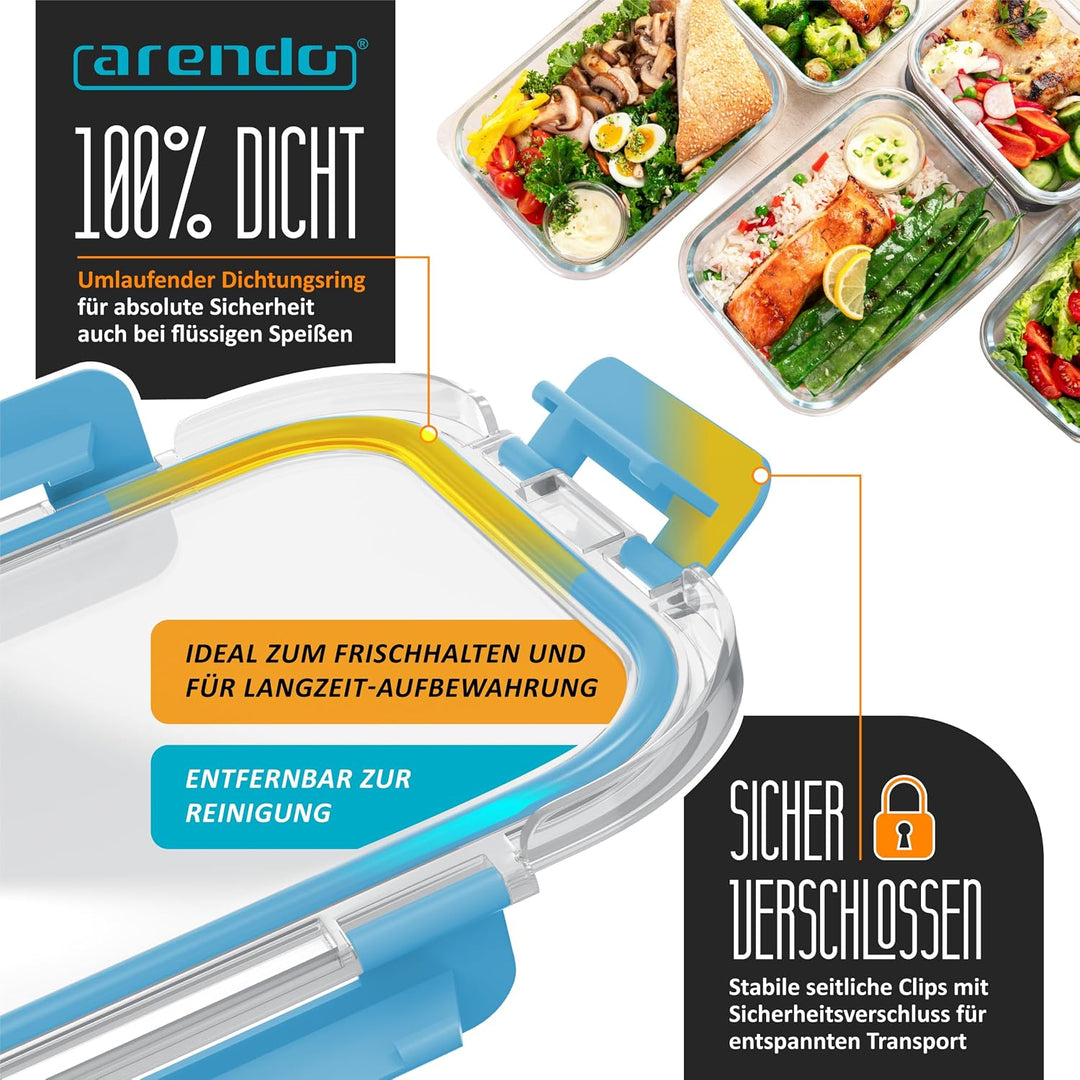 Arendo - Lunchboxen Glas - Frischhaltedosen für Lebensmittel mit Deckel luftdicht - 2er Set - 1520 m