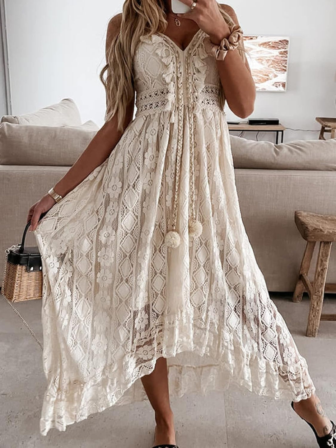 CUPSHE Damen Sommerkleid V Ausschnitt Floral Spitze Quasten Spaghetti Trägerkleid Freizeitkleider Hi