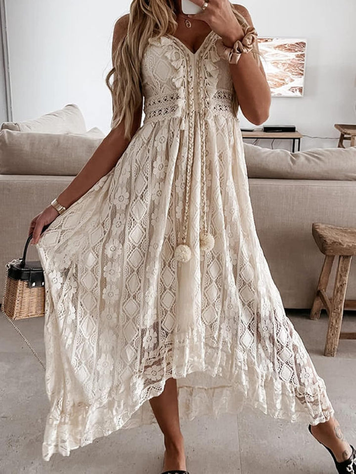 CUPSHE Damen Sommerkleid V Ausschnitt Floral Spitze Quasten Spaghetti Trägerkleid Freizeitkleider Hi