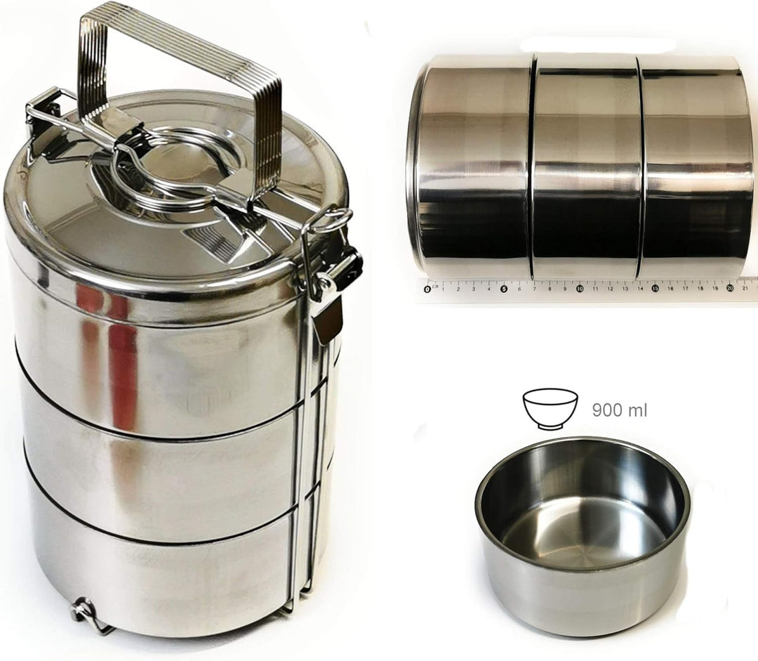 Kerafactum Essenträger Edelstahl Etagen Behälter Transportbehälter mit 2,7 Liter Volumen 3 Box für E