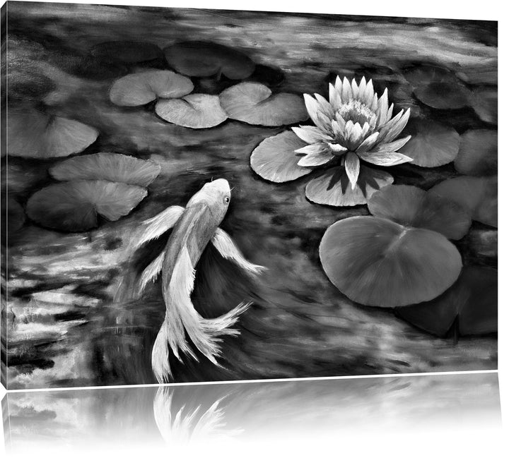 Pixxprint Koi mit Seerose Kunst / 100x70cm Leinwandbild bespannt auf Holzrahmen/Wandbild Kunstdruck