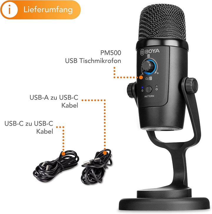 Walimex pro BOYA USB Tischmikrofon PM500 I ideal für Sprach- & Raumaufnahmen I Kondensatormikrofon f