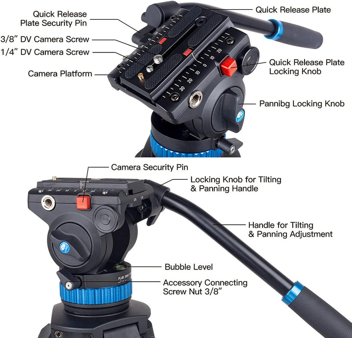 SIRUI Video Tripod Stativ SH15,Aluminium Travel Videostativ mit 360°Fluidkopf,155cm, Max Load 10KG N