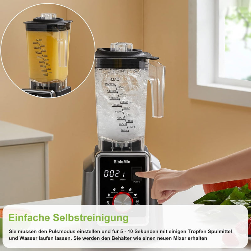 BioloMix Hochleistungsmixer 2200W,Selbstreinigungsfunktion,Standmixer 2L Behälter und 600ml Reisebec