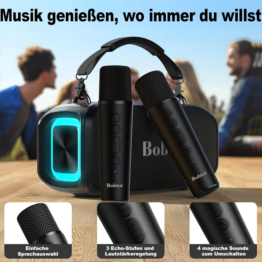 Bobtot Tragbarer Lautsprecher mit 2 kabellosen Mikrofonen Outdoor-Lautsprecher IPX5 wasserdichter La