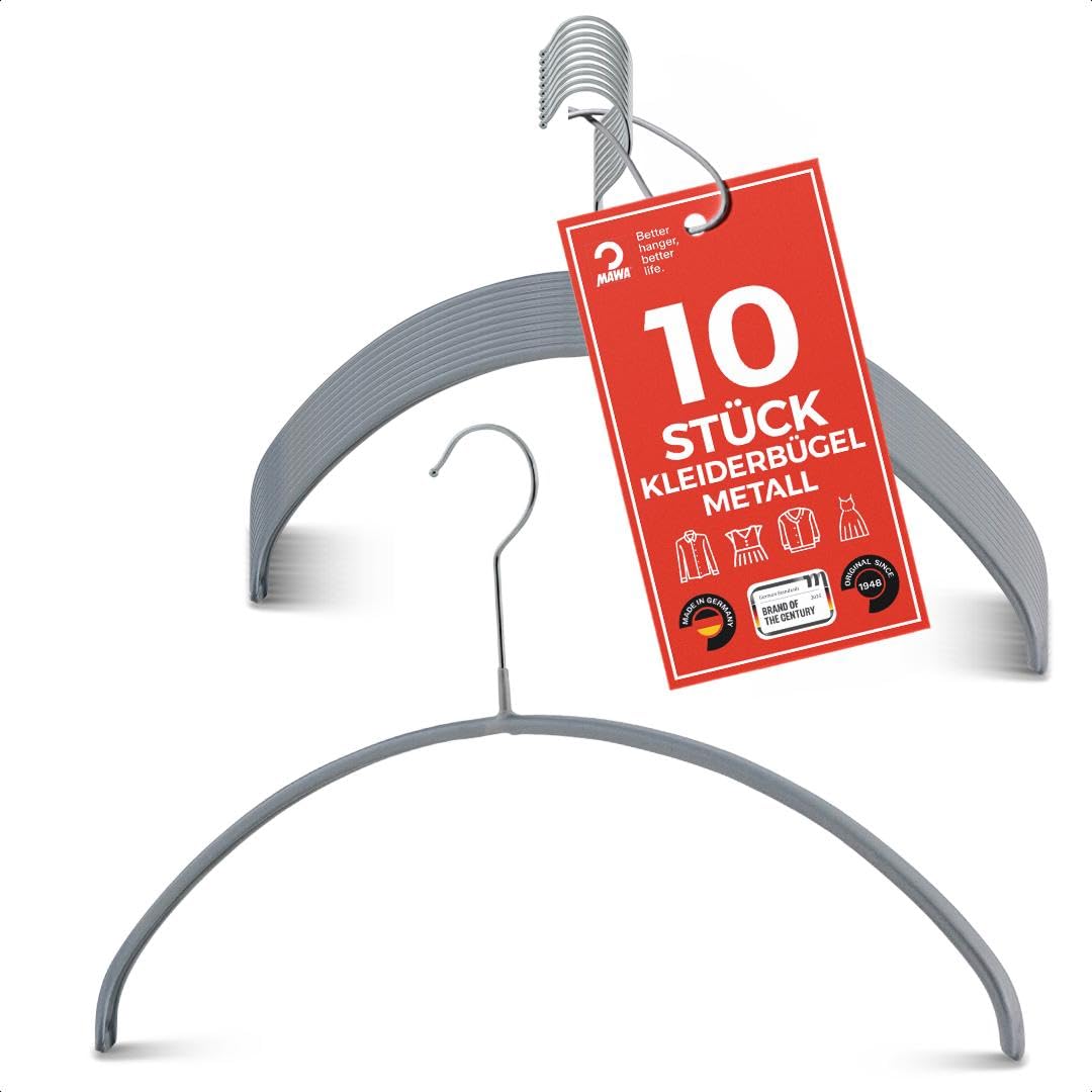 MAWA Kleiderbügel, Set mit 10 hochwertigen, platzsparenden, rutschfesten Kleiderbügeln, ideal für T-