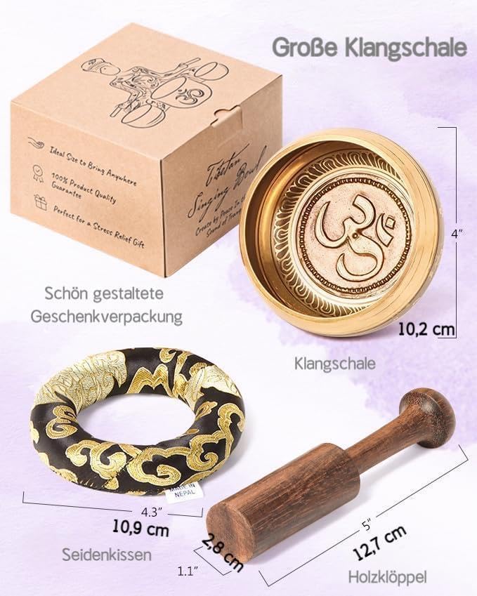 Hihealer Tibetanische Klangschalen-Set 100% Handgefertigt in Nepal, Grosse Klangschale mit Anleitung