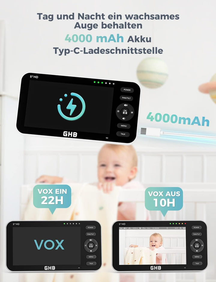 GHB Babyphone mit 2 Kameras 5 Zoll 720P HD IPS-Display Babyphone Kamera VOX-Modus Gegensprechen Nach
