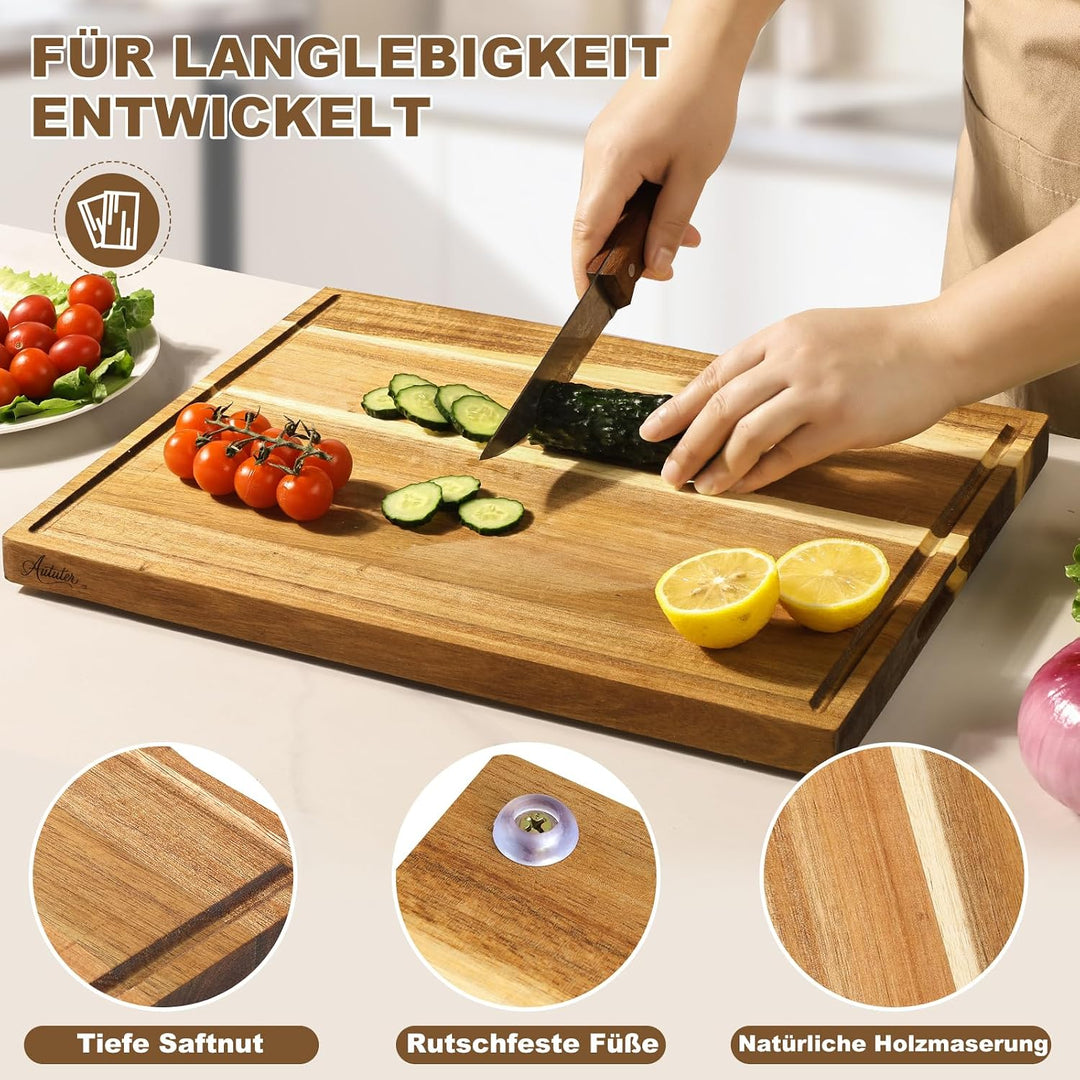 Schneidebrett Holz 43×33×2,5 cm aus massivem Akazienholz Küchenbrett | Saftrille hält Flüssigkeit zu
