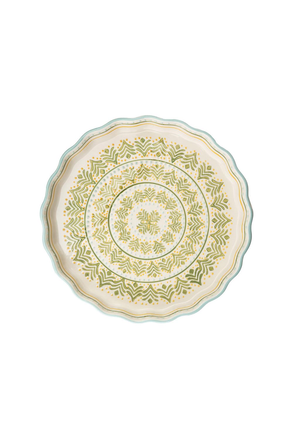 Tranquillo Quicheform aus Steinzeug mit handgestempeltem Print Grün/Gelb Retro, 27 cm