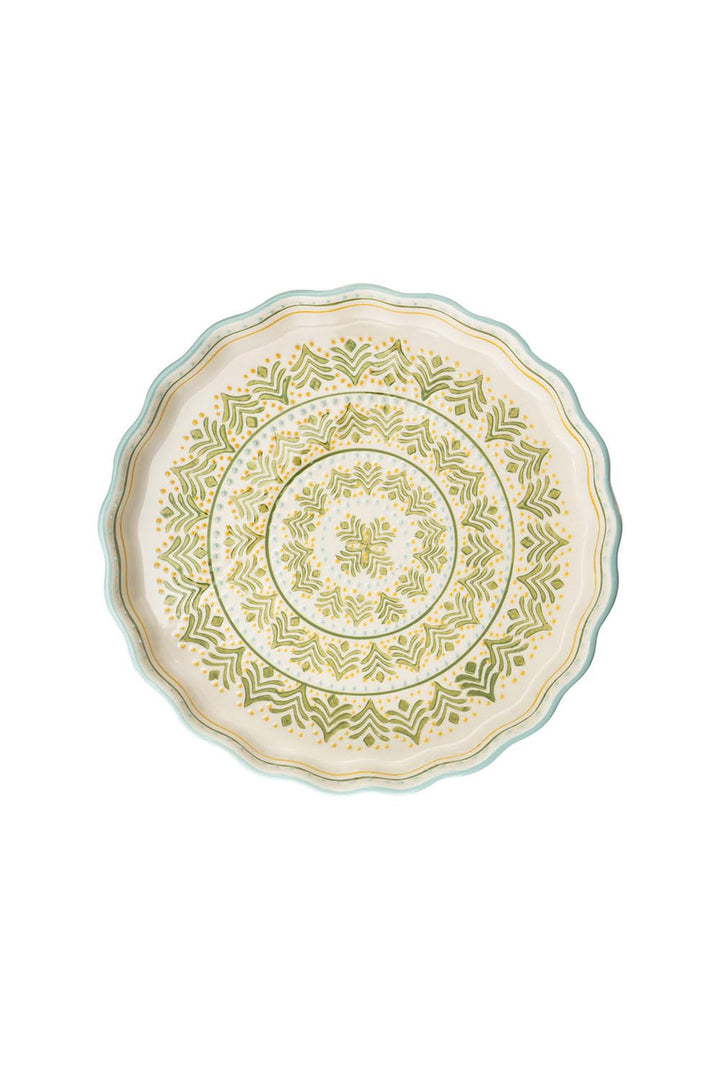 Tranquillo Quicheform aus Steinzeug mit handgestempeltem Print Grün/Gelb Retro, 27 cm