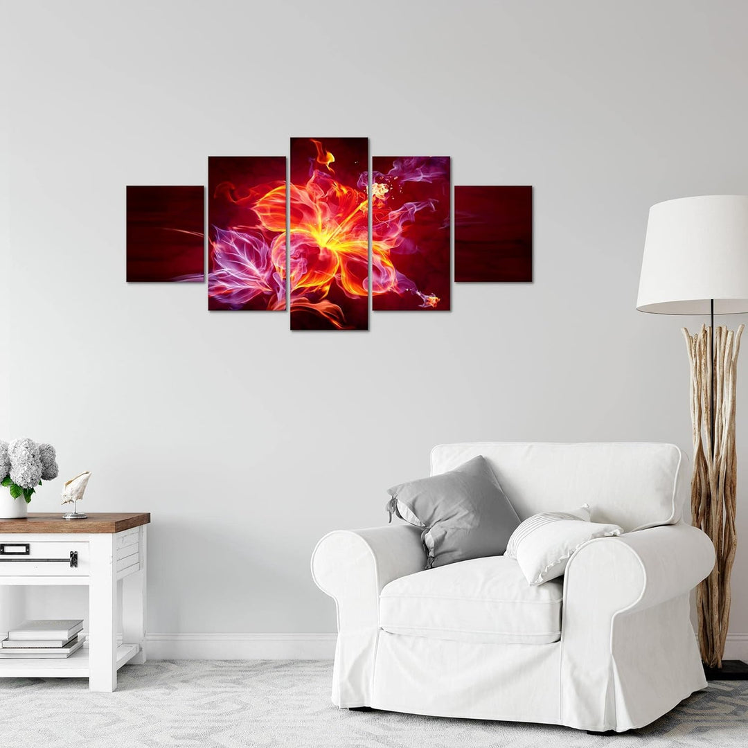 Runa Art Wandbilder Feuer Blume 5 Teilig Bild auf Vlies Leinwand Deko Wohnzimmer Abstrakt Orange Lil