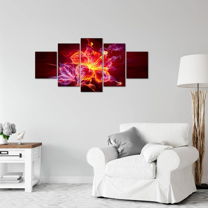 Runa Art Wandbilder Feuer Blume 5 Teilig Bild auf Vlies Leinwand Deko Wohnzimmer Abstrakt Orange Lil