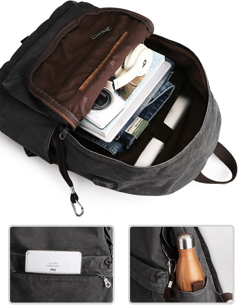 Muzee Canvas Rucksack, Leichter Anti-Diebstahl-Reise-Rucksack mit USB-Ladeanschluss für Herren Damen