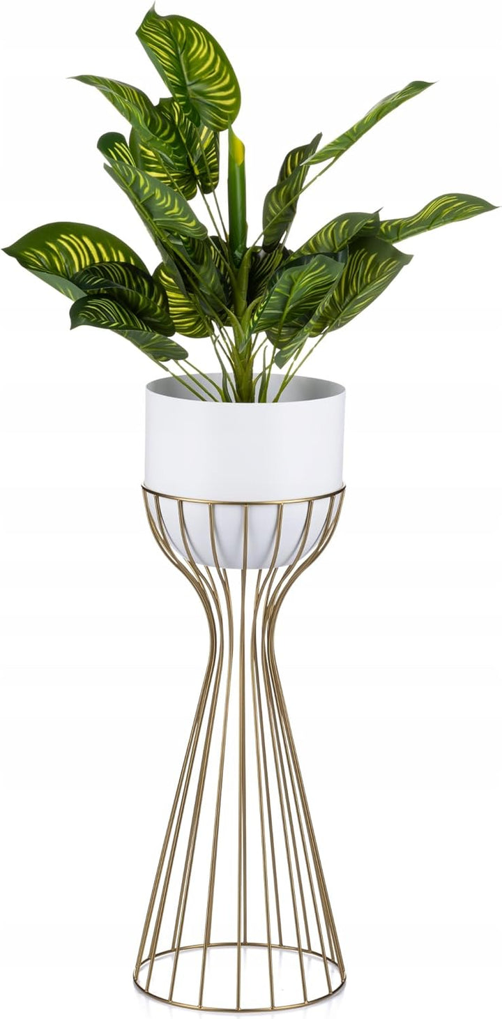 HowHomely Moderne Blumenständer Metall 56 cm Hoch mit Weiss Blumentopf Rund 18 cm Ø auf Robuste Gold