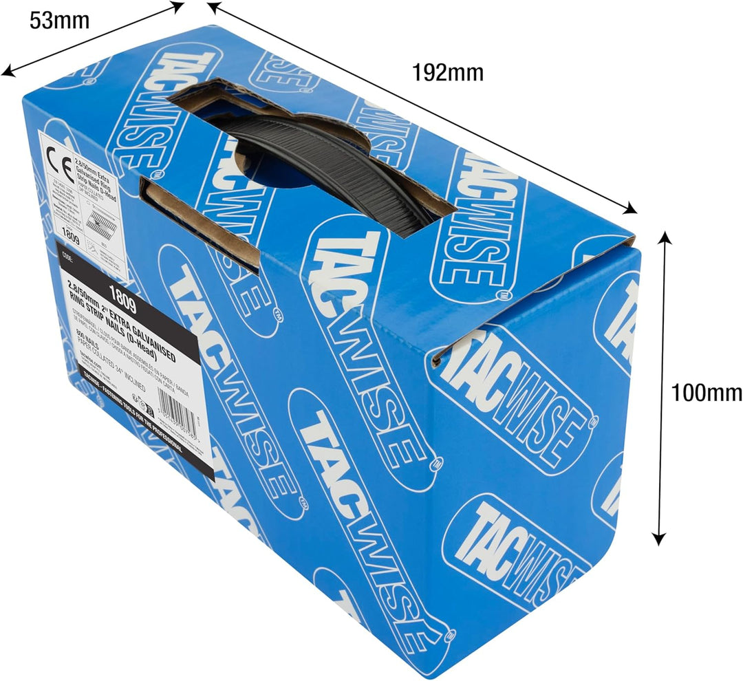Tacwise 1809 Extra Verzinkte Rahmennägel 2,8/50 mm, 34°, 800 Stück | D-Kopf, Ringschaft, mit 34° Nei