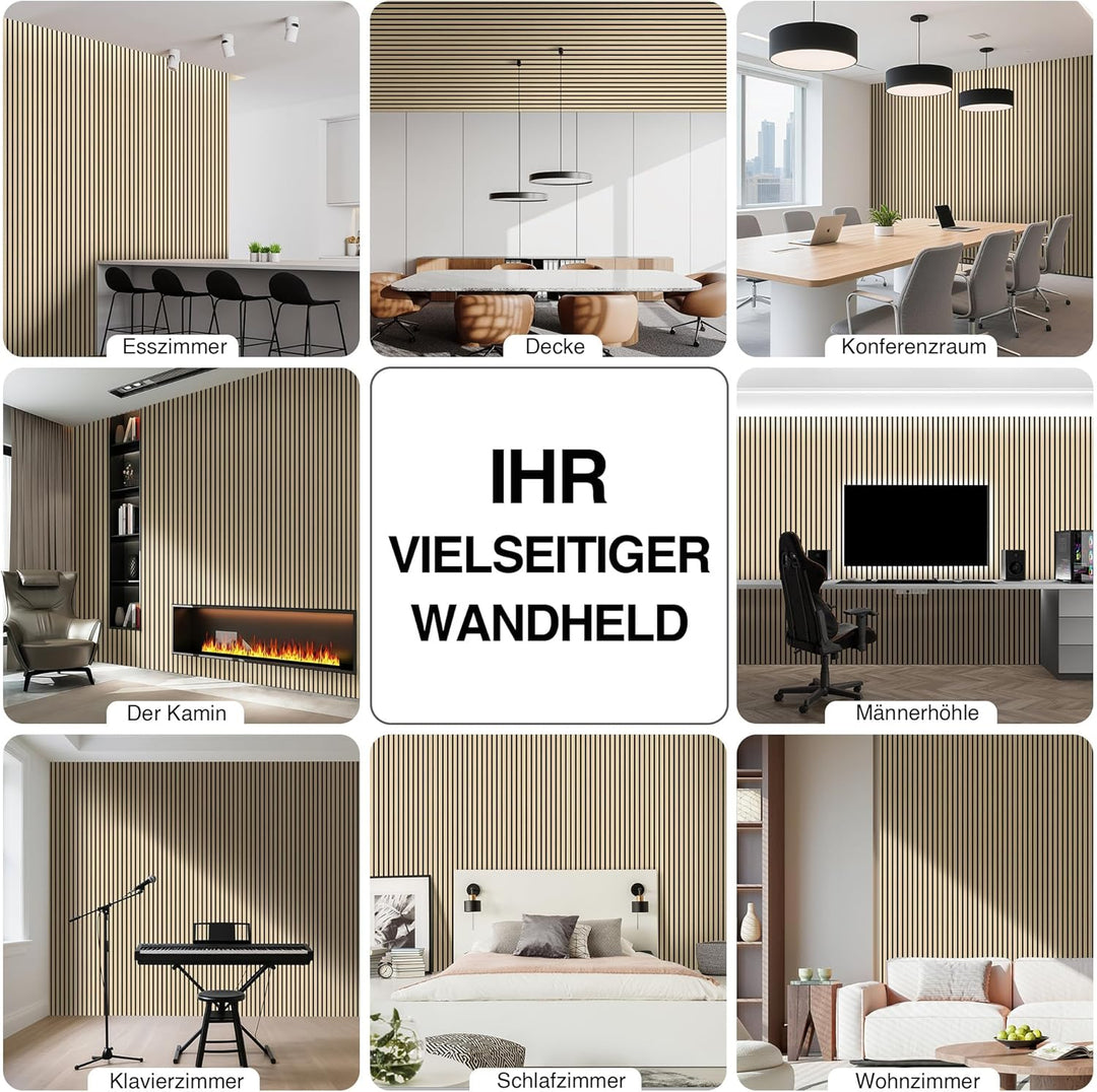 Akustikpaneele Holz 240x60cm(8,64m²),6 Pack Wandpaneele mit Holzfunier & Filz,Holzpaneele Wand für Z