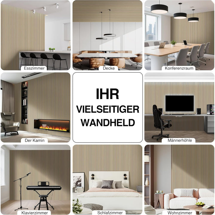 Akustikpaneele Holz 240x60cm(8,64m²),6 Pack Wandpaneele mit Holzfunier & Filz,Holzpaneele Wand für Z