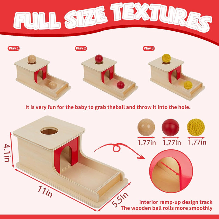 Adena Montessori Full Size Object Permanence Box mit Tablett DREI Bälle (Holz, Kunststoff, gestrickt