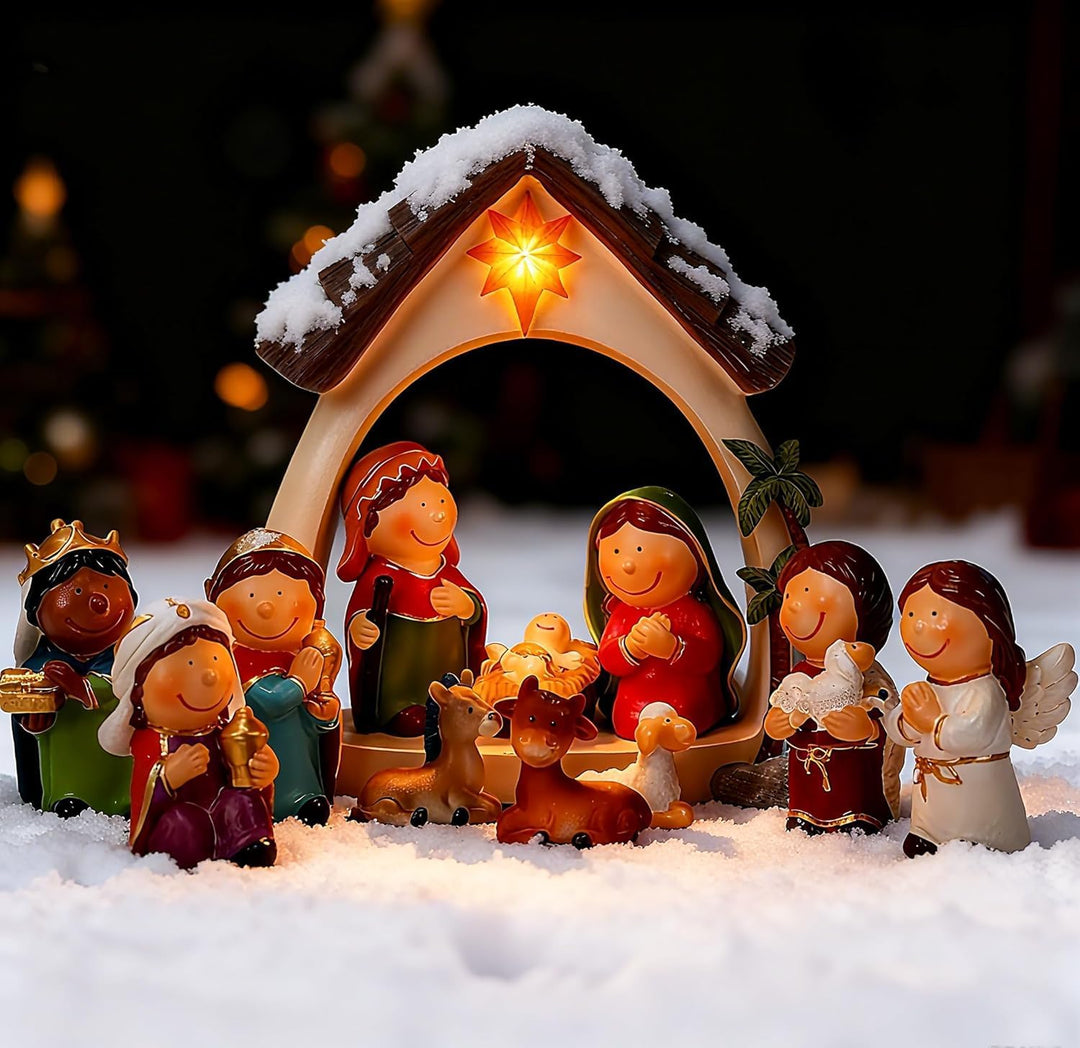 Weihnachtskrippe 12-teilig mit Stall, handbemalte Figuren aus Resin