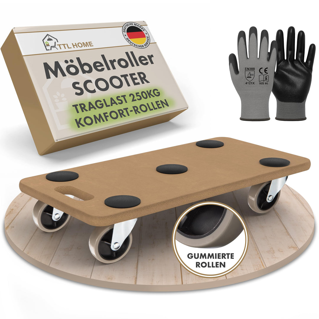 TTL Home Möbelroller Scooter 58x30x11cm - 250kg Traglast Rollbrett &amp; Transportroller mit 360° Gummi