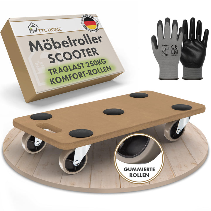 TTL Home Möbelroller Scooter 58x30x11cm - 250kg Traglast Rollbrett &amp; Transportroller mit 360° Gummi