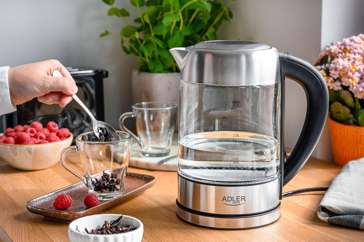 Adler AD 1247 Wasserkocher aus Edelstahl und Glas, 1,7L, 2200 W, digitaler Glaswasserkocher mit Temp
