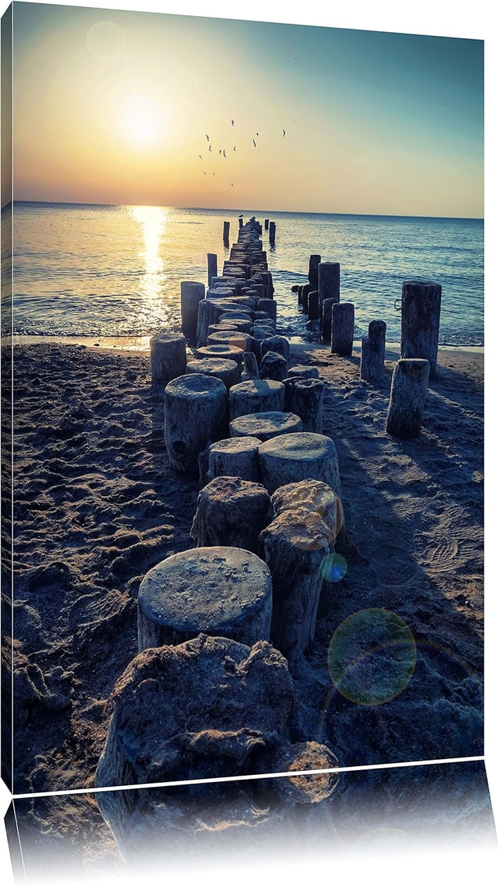 Baumstümpfe am Meer Format: 100x70 auf Leinwand, XXL riesige Bilder fertig gerahmt mit Keilrahmen, K