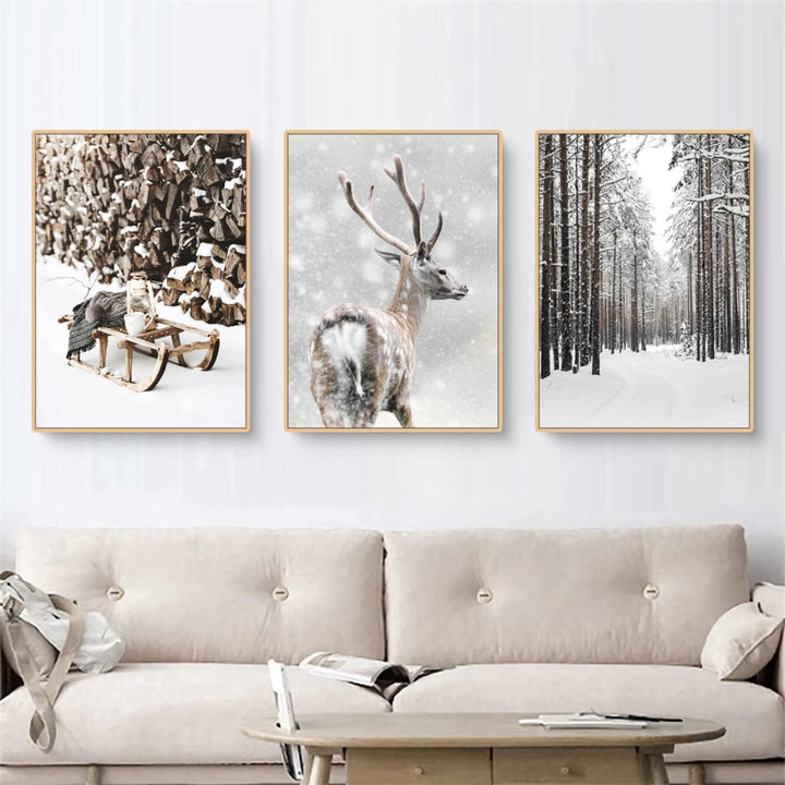 TROYSINC 3er Premium Poster Set, Winter Bilder, Elch, Holzhaus, Wald Wandkunst Wandbilder, Leinwand