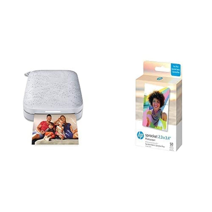 HP Sprocket Tragbarer Fotodrucker (Weiss) und Sprocket 2x3 Zink Fotopapier, 50 Blatt Weiss Packung m