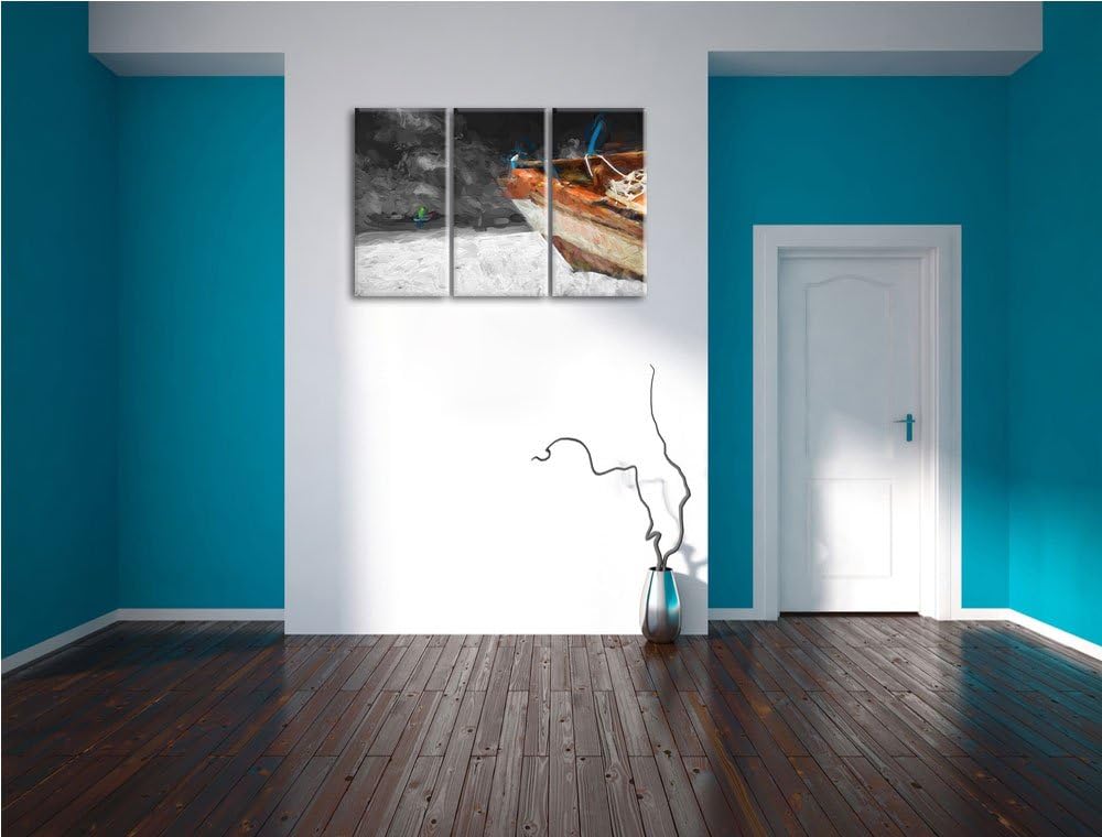 beeindruckendes Boot am Strand schwarz/weiss Deluxe 3-Teiler Leinwandbild 120x80 Bild auf Leinwand,