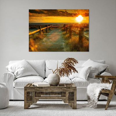 Bilder auf Leinwand 100x70cm Leinwandbild Fussgängerbrücke Strand Urlaub Sonne Gross Wanddeko Bild S