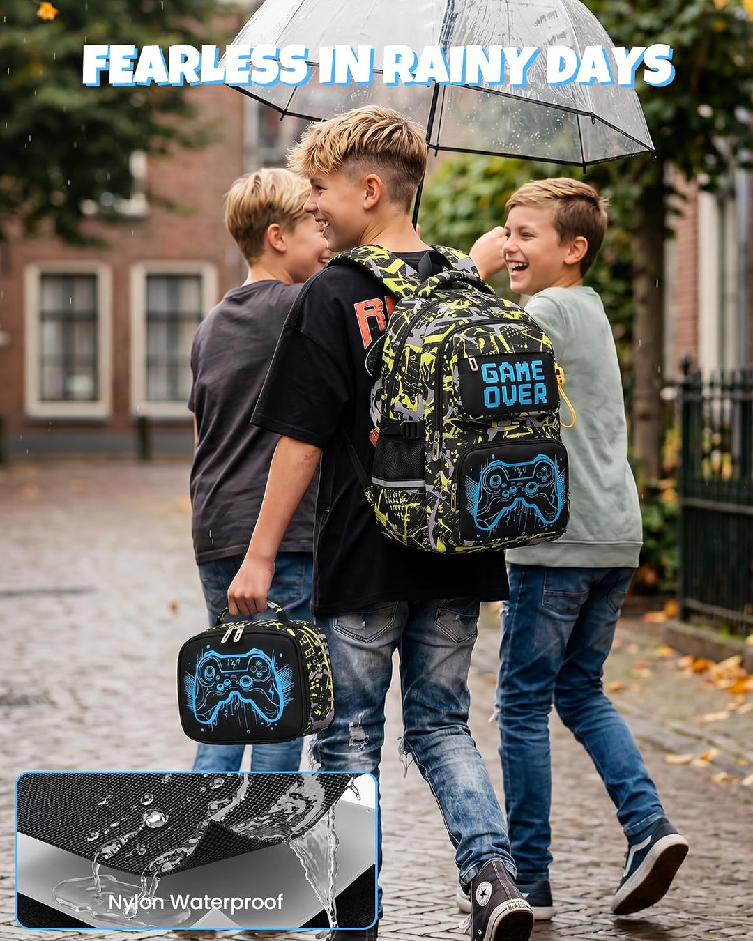 Schulrucksack Jungen Teenager 3 Teilig, Schultasche Kinder für 3. bis 7. Klasse mit Lunch Tasche Fed