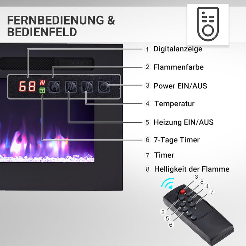 BALDERIA Leif 70" Elektrokamin - Elektrischer Stand-, Wand- oder Einbaukamin mit Heizung 1000/2000 W