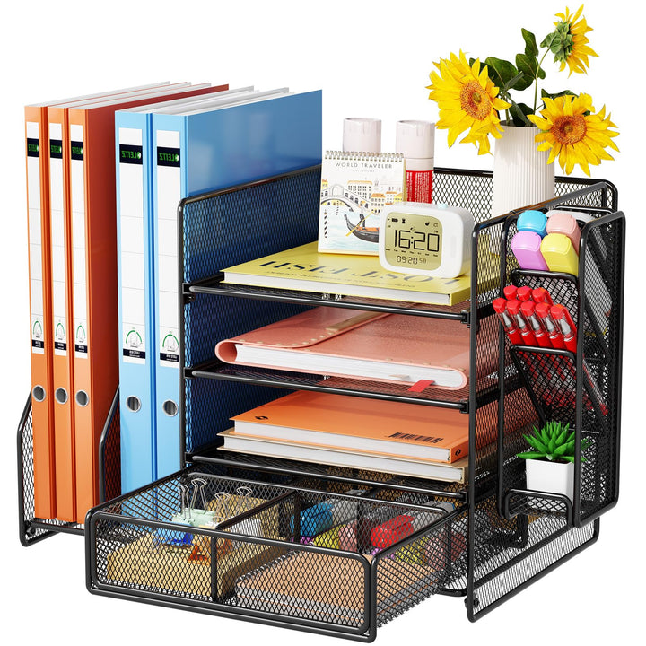Schreibtisch Organizer mit Aktenhalter - 5-Tier Briefablage Ablagefächer mitSchublade,4 Stithalter,