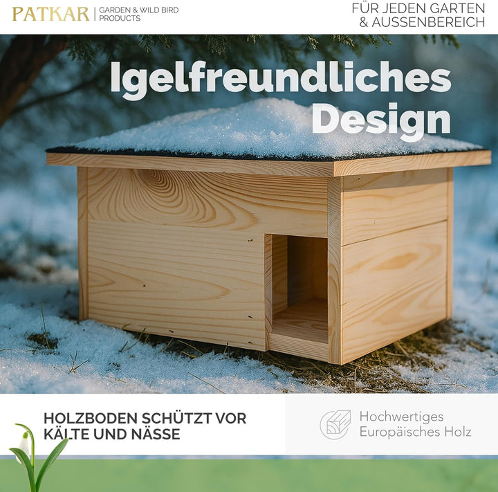 PATKAR Igelhaus Winterfest mit Boden [SCHÜTZT VOR FRESSFEINDEN] - Premium Igelfutterhaus (Made in Eu