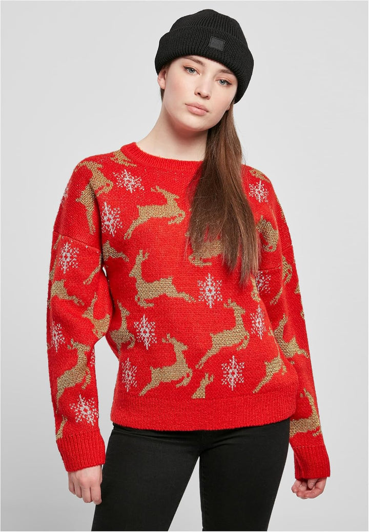 Urban Classics Damen Pullover Ladies Oversized Christmas Sweater, Sweatshirt mit weihnachtlichem Mot