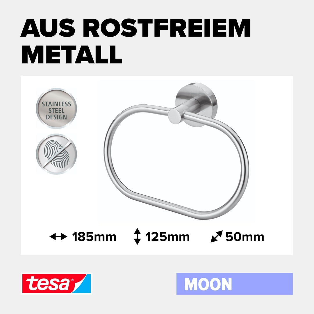 tesa Moon Handtuchring, verchromt - Handtuchhalter-Ring oval - zur Wandbefestigung ohne Bohren, inkl