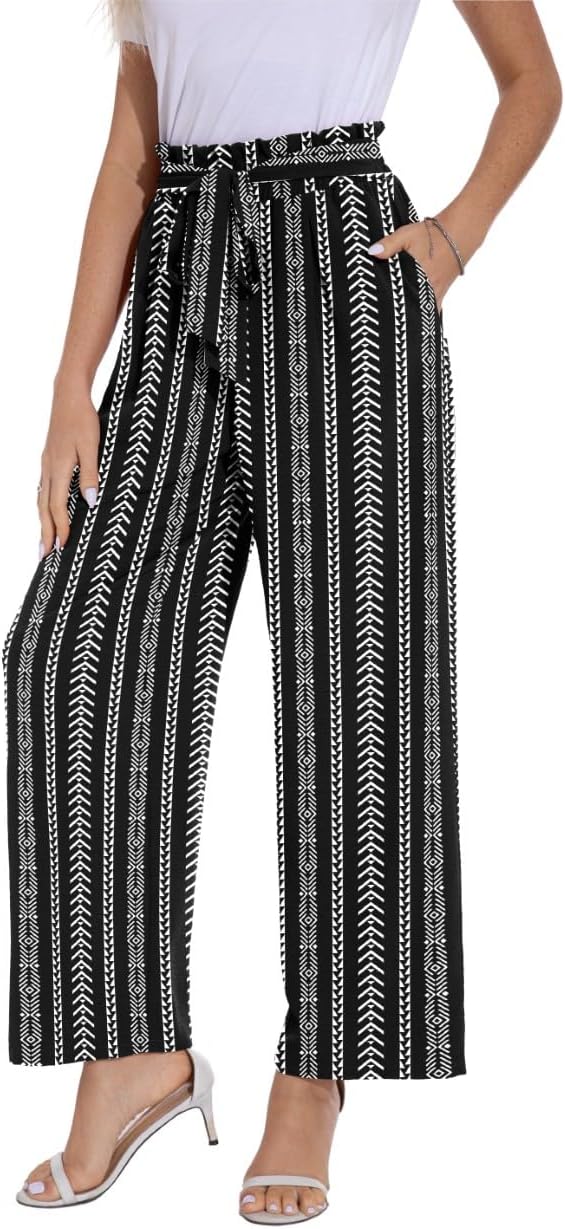 PrinStory Damen Hose Mit Weitem Bein Leichte Elastische Taille Sommer Hose Mit Taschen Kausale Arbei