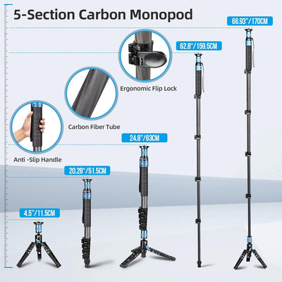 SIRUI P-325FL Carbon Fiber Kamera Wanderstock Einbeinstativ Monopod mit Standfuss, 170cm leichte,Tel