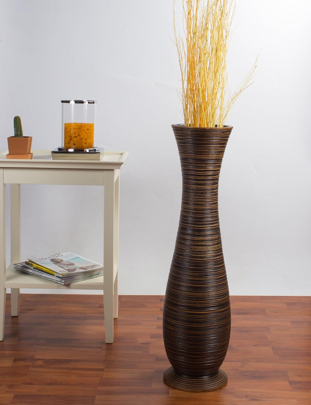 Leewadee Grosse Bodenvase für Dekozweige hohe Standvase Design Holzvase, Holz, 70 cm, Braun 70 cm Br