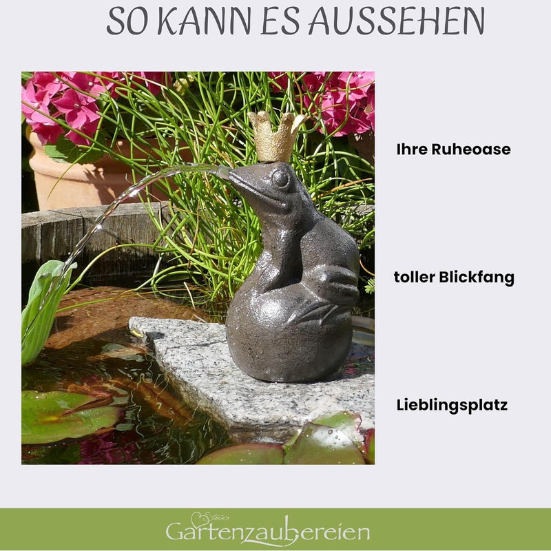 Wasserspeier Froschkönig auf Kugel mit Solarpumpe 19cm für Miniteich als Teichdeko - Gartendeko