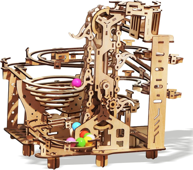 Holz Kugelbahn Set 3D Puzzle, Holzfarbene Kugeln, Stufenaufzug mit 3-Stufen-Hebemechanismus – kineti